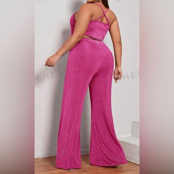 SHEIN S:2XL Hot Pink crop top w/ Wide Leg Pants cord Set with Butterfly Belt EUC - Picture 2 of 9